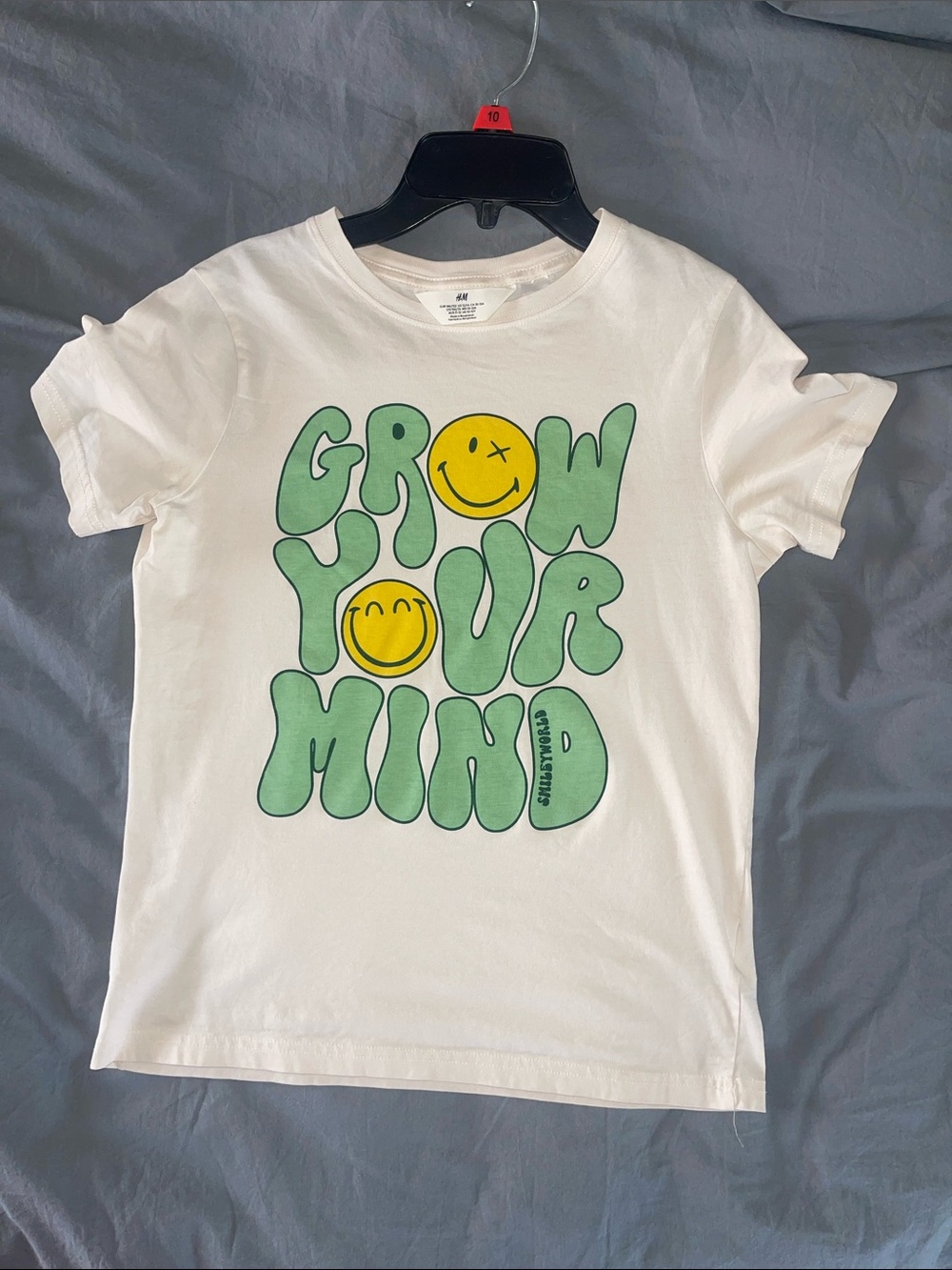 H&M Tee with Green 'Grow Your Mind' Graphic and Yellow Smiley Faces